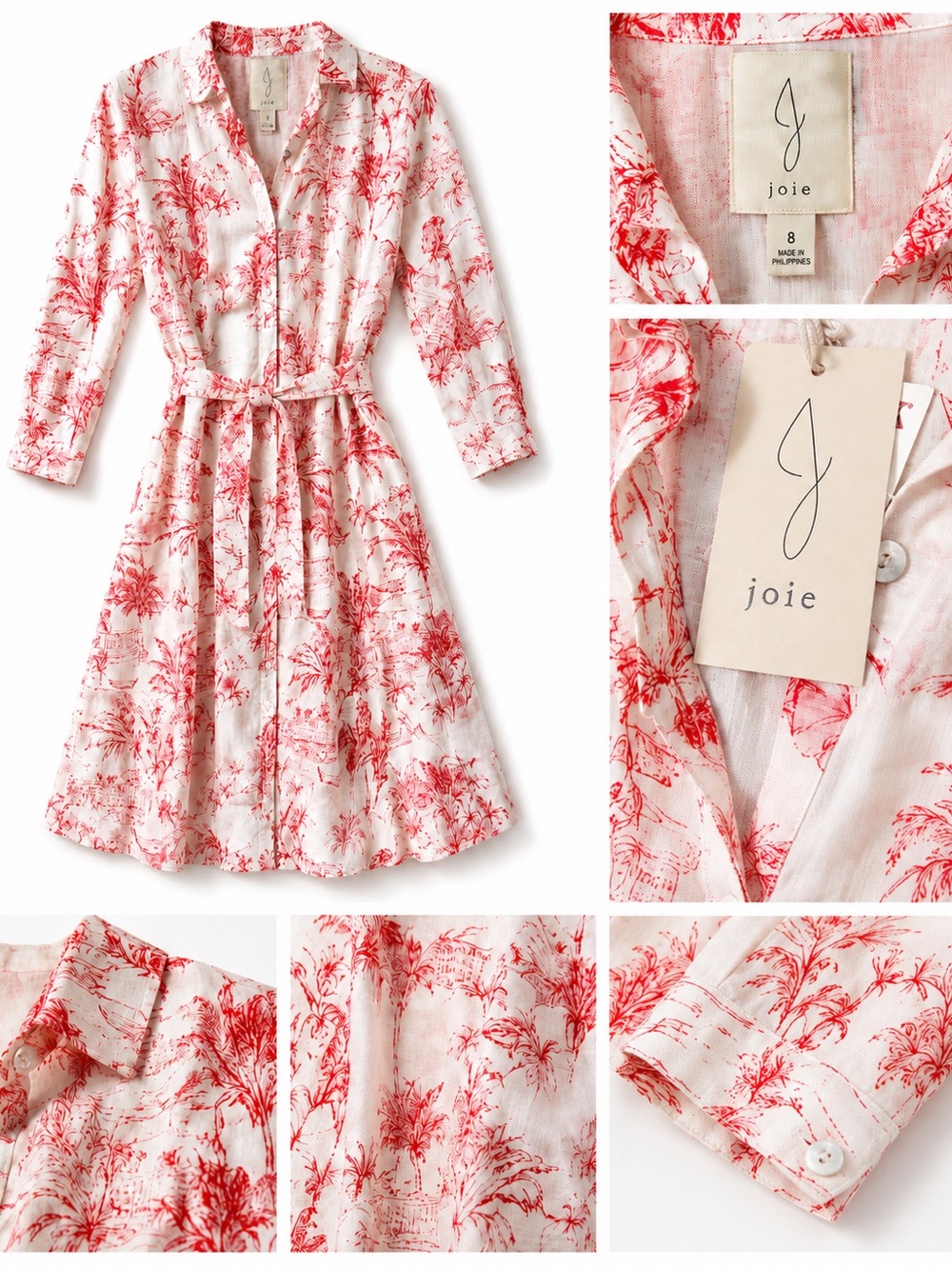 Joie White Dress with Red Toile Linen Print